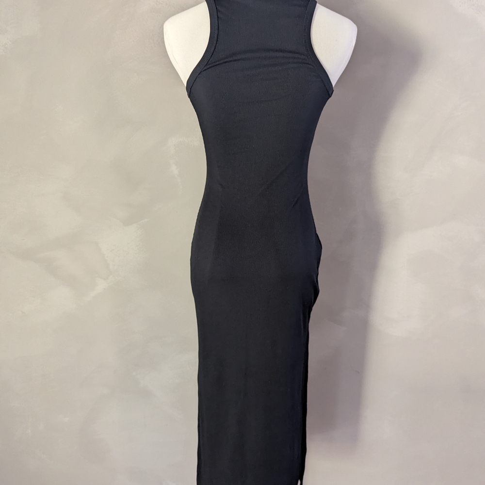 Black sleeveless midi ribbed bodycon dress with side slits - Picture 6 of 6